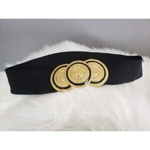 Nani Lewis Vintage 1980s Gold tone black enamel black elastic STRETCH belt retro